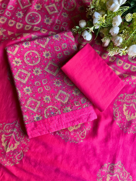 Rivana Magenta Printed Dress Material with Handcrafted Motif Work