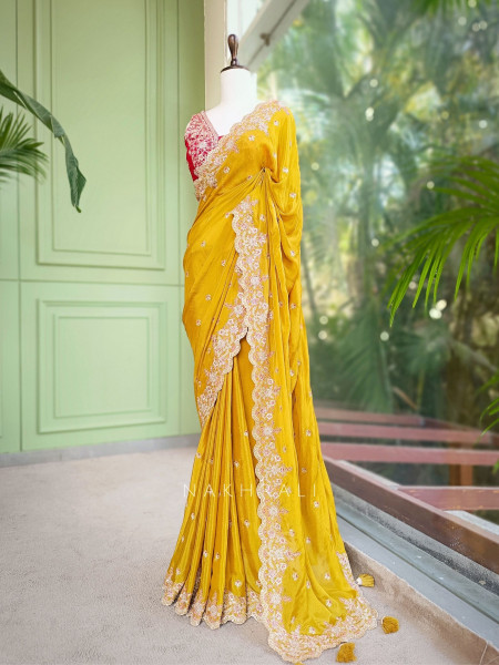 Zynira Mustard Saree with Zari Sequin Work