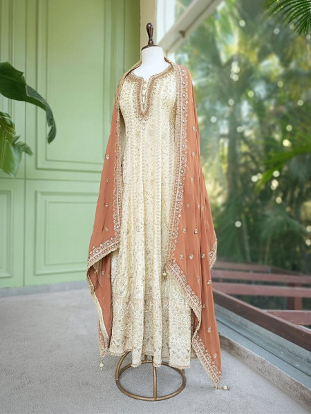 Noorin Cream Anarkali Set with Sequin & Thread Embroidery