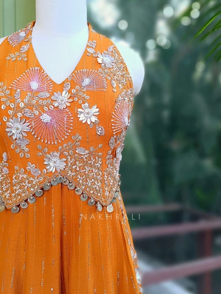 Torvyn Orange Embellished Jumpsuit with Sequin Bead Work