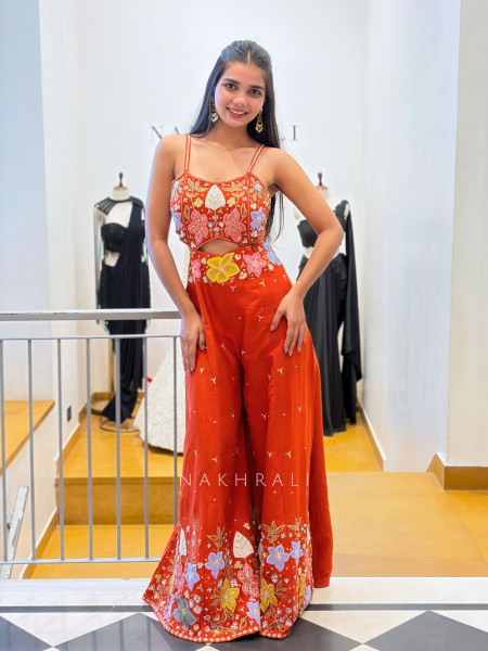 Anika Rust Embellished Jumpsuit with Sequin and Bead Work