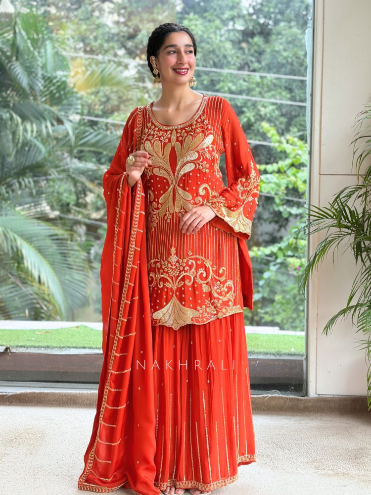 Image of Begum’s Grace Orange Georgette Sharara Suit Set