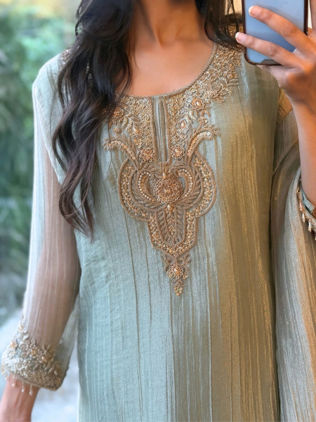 Kashini Sea Green Crinkle Tissue Silk Suit Set
