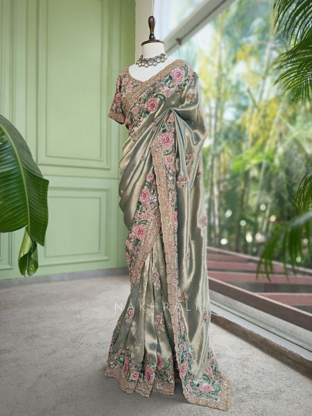 Siya Pista Green Floral Embroidered Saree with Readymade Blouse