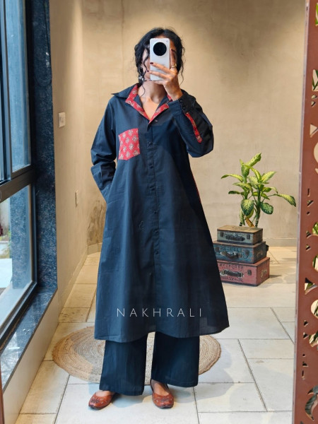 Varden Black Cotton Kurta Pant Set with Contrast Print Detailing