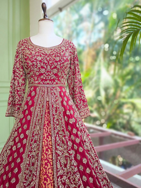 Malhaar Elegance Red Achkan Pattern Lehenga with Zari Sequin Work