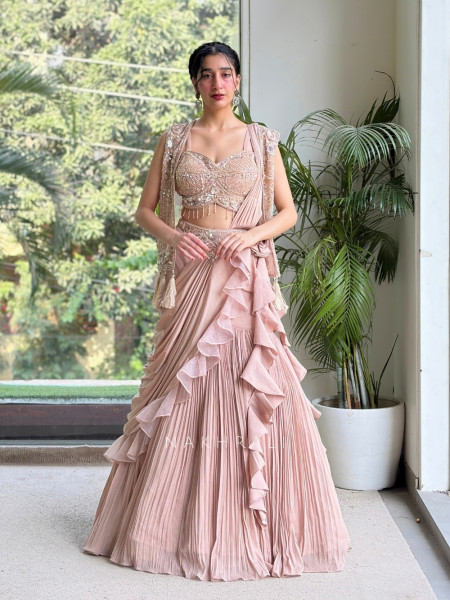 Fiorenne Pink Georgette Indo-Western Lehenga Set with Embellished Crop Jacket