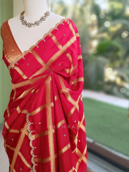 Asmi Red Chinon Silk Zari Check Saree