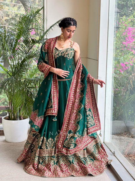 Nirel Green Corset Lehenga with Embroidery and Sequin Work
