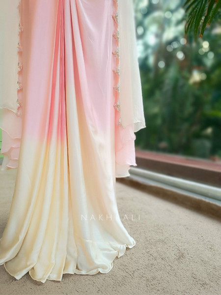 Solstice Dual Shade Pink Crop Top Drape Skirt Set with Cape