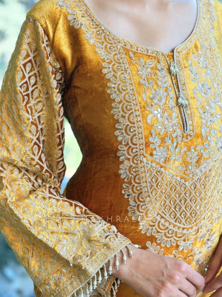 Amber Yellow Velvet Suit Set with Sequin Embellishments