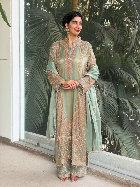 Zariya Sea Green Suit Set with Cut Dana and Zari Work
