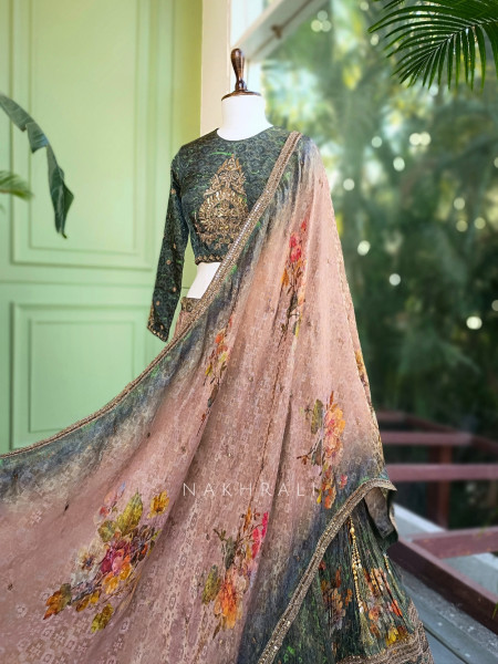 Olive Garden Printed Lehenga with Embroidered Blouse and Sequin Detailing