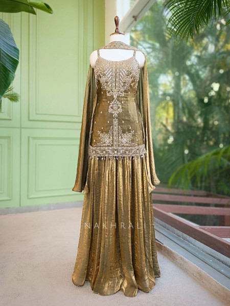 Torin Brown Silk Palazzo Suit Set with Mirror Embroidered Kurti