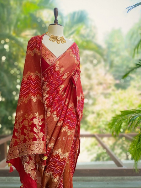 Morvyn Red Saree with Bandhani Print and Zari Weave