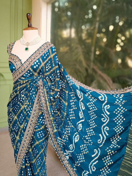 Noor-E-Riwaayat Blue Bandhani Saree with Zari Border