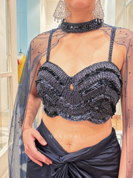 Midnight Spark Navy Crop Top Skirt Set with Cape