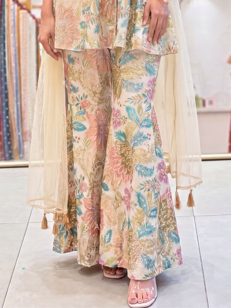 Gul-o-Glow  Beige Halter Neck Floral Sharara Suit