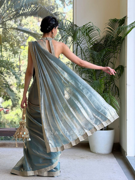 Vayora Teal Blue Drape Saree with Embroidered Blouse and Border Work