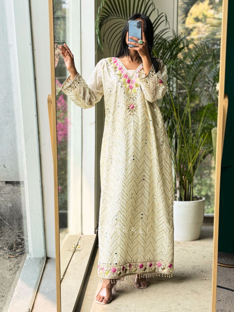 Image of Sivra Cream Pant Kurta Set with Mirror and Thread Work