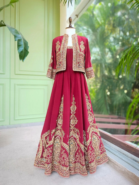 Vrishka Maroon Anarkali Set with Embroidered Jacket