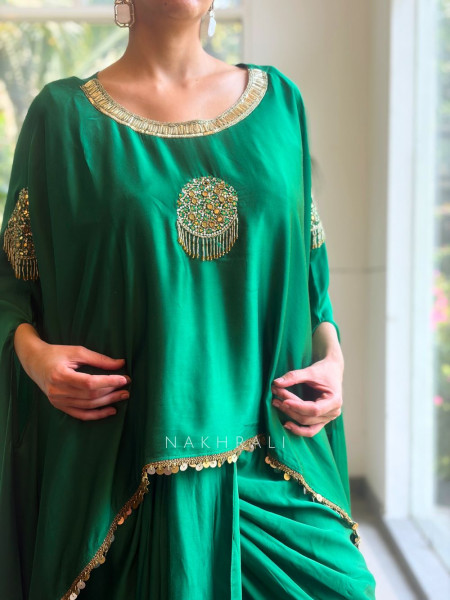Zivara Green Drape Indo Western Set with Mirror and Sequin Work