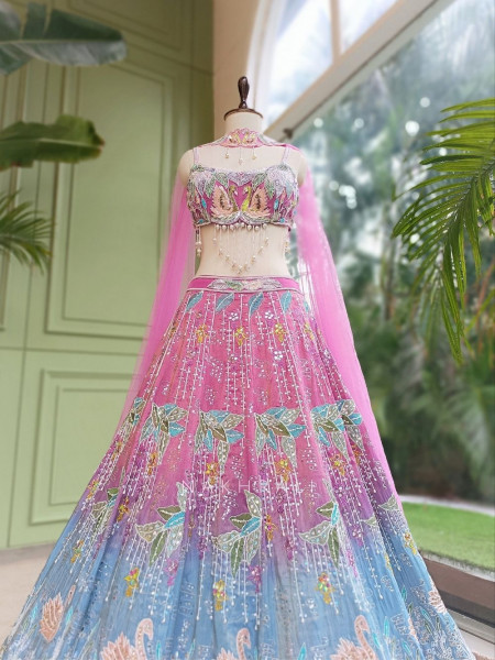 Lotus Loom Blue & Pink Raw Silk Carnival Lehenga