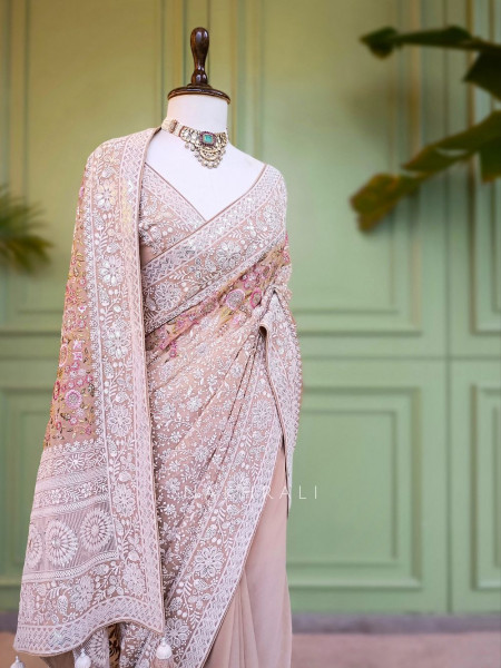 Ecru Grace Brown Embroidered Elegance Saree with Sequin Detailing