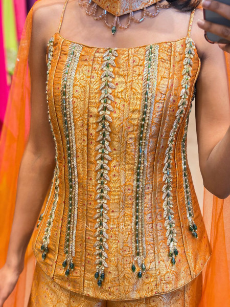 Zarelle Brick Brocade Indo-Western Corset Set with Cape Dupatta