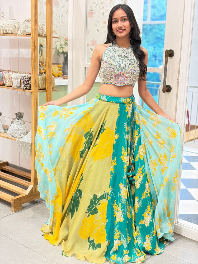 Image of Harit Multicolour Indo Western Lehenga Set with Embroidered Blouse &amp; Printed Skirt