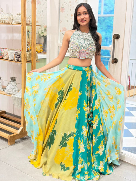 Harit Multicolour Indo Western Lehenga Set with Embroidered Blouse & Printed Skirt