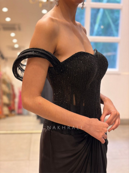Nishira Black Mesh & Satin Indo-Western Crop Top Skirt Set