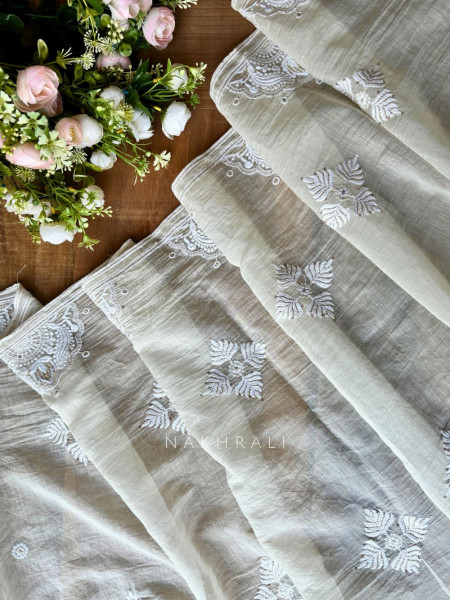 Mridula Cream Dress Material with Hand Cut Dana Detailing