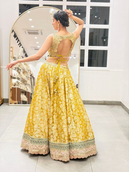 Kaya Yellow Banarasi Silk Indo-Western Lehenga Set