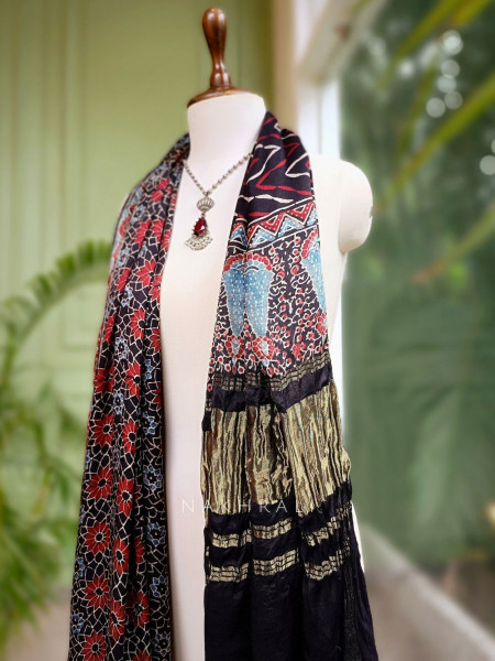 Navera Black Modal Silk Dupatta with Ajrakh Print
