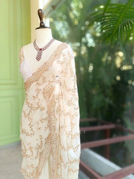 Rimsun Cream Sequin & Bead Embellished Saree