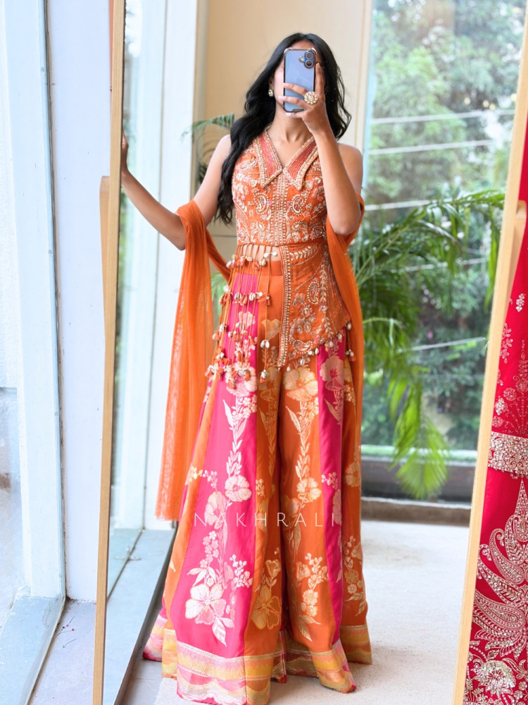 Image of Urban Rust Banarasi Silk Brocade Indo-Western Palazzo