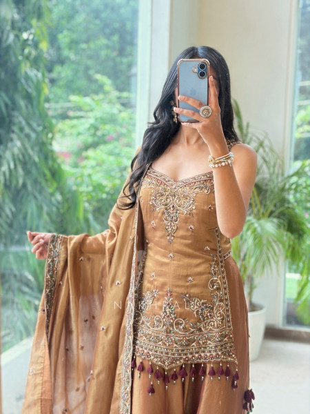 Autumn Dusk Brown Metallic Tissue Silk Kurti Palazzo Set
