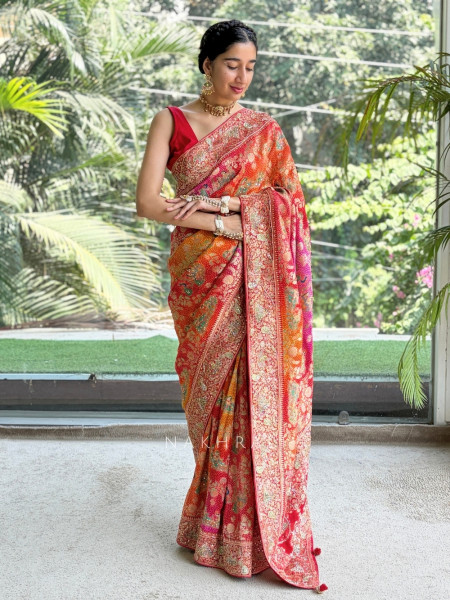 Rangraas Orange Pure Gajji Silk Saree with Running Blouse Piece