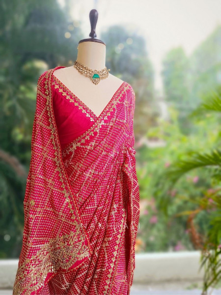 Aarvika Red Bandhani Saree with Gota and Zari Border