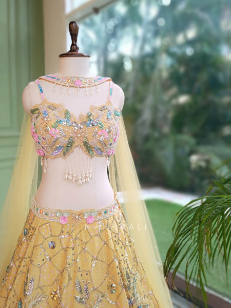 Ishvika Yellow Slub Silk & Tulle Carnival Lehenga Set