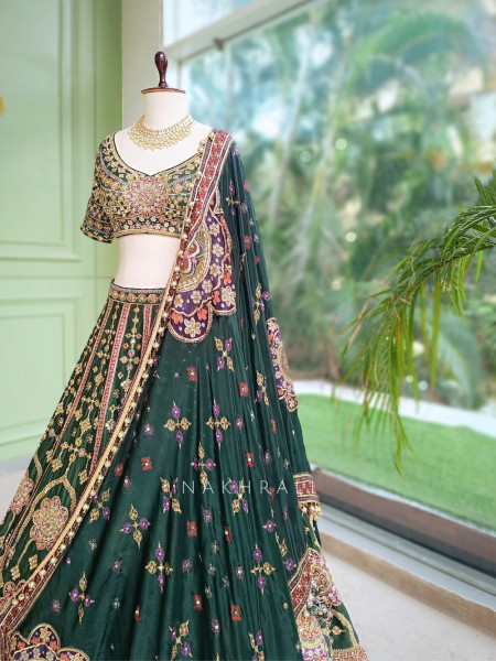 Mrinalika Green Gaji Silk Lehenga Set With Zardozi Resham & Jharokha Work