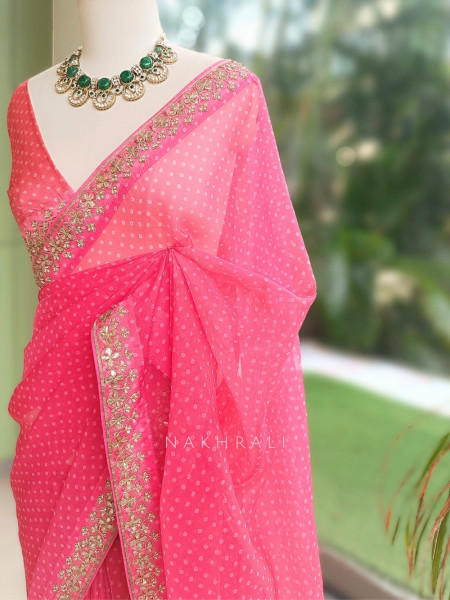 Gulika Rani Pink Viscose Organza Bandhani Saree