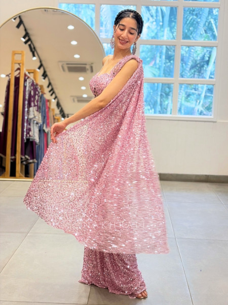 Mirror-Encrusted Pink Cocktail Drape Saree