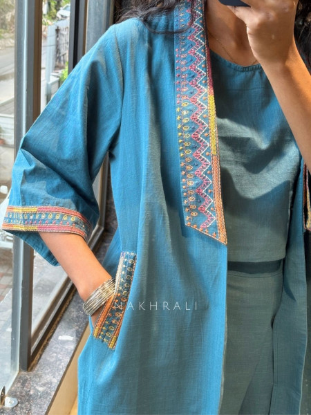 Brivon Blue Co-ord Set with Embroidered Jacket Detailing