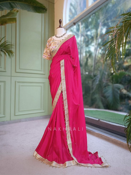 Rati Magenta Saree with Gota Patti Border & Multicolor Embroidered Readymade Blouse