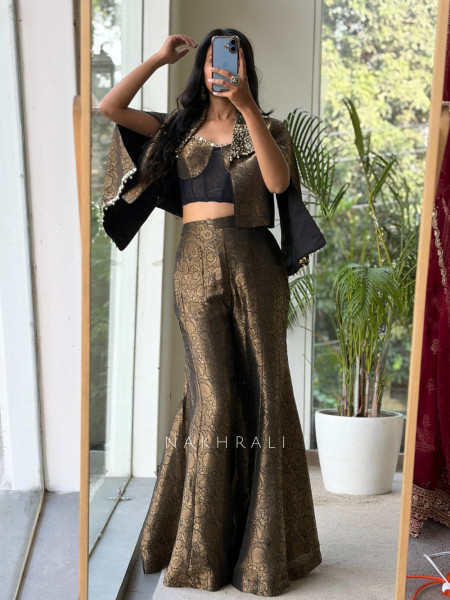 Vesper Black Metallic Brocade Split-Sleeve Indo-western