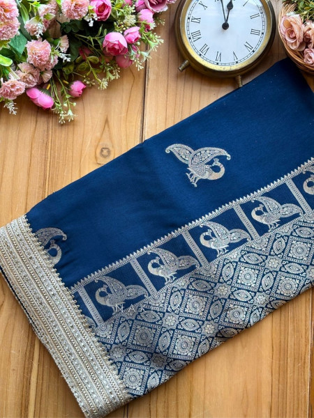 Tavira Teal Blue Saree with Broad Border and Unstitched Blouse Piece