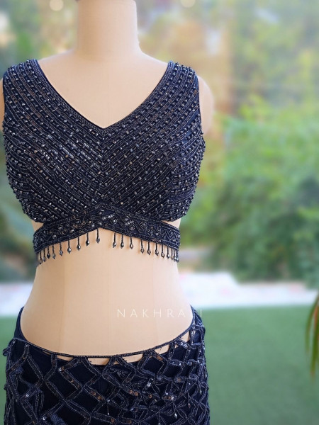 Shadow Fish-Cut Dark Navy Blue  Shimmer Metallic Georgette Silk Indo-Western Lehenga
