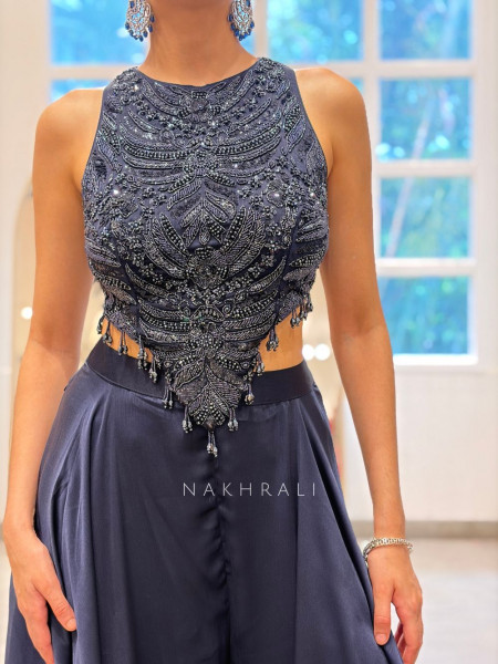 Sapphire Blue Net Indo Western Palazzo Lehenga Set with Zardozi Cutdana Work